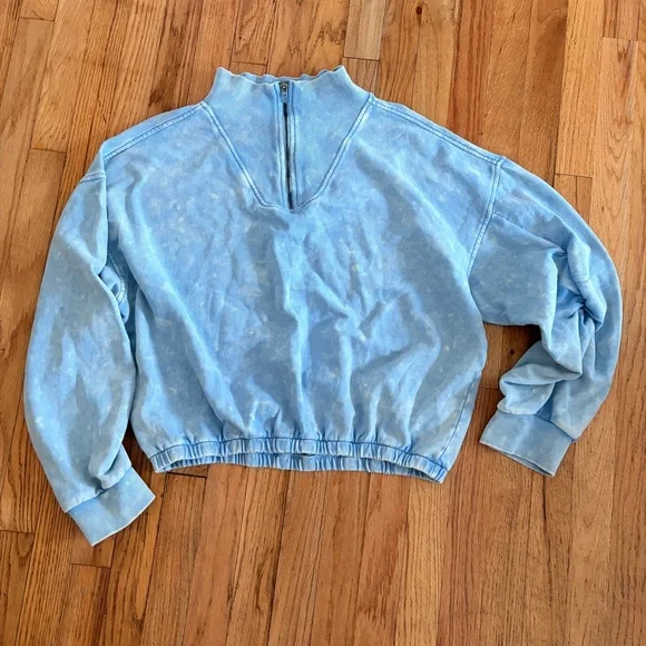 Free People Movement Valley Girl Sweatshirt Acid Wash Blue Quarter-Zip Pullover - Picture 3 of 12